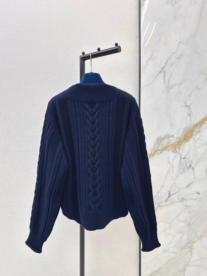Leather Button-Up Wool Knit Cardigan