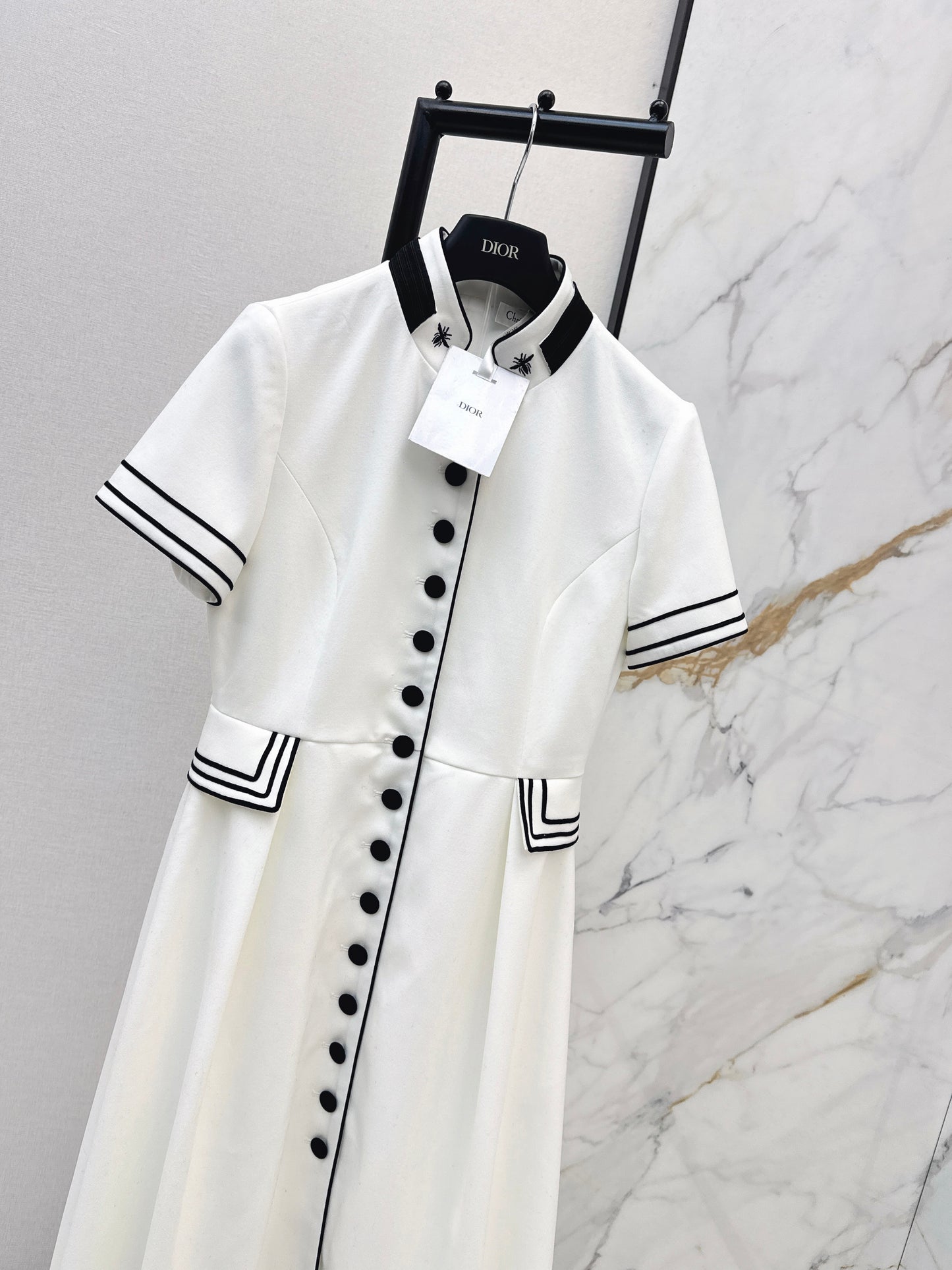 Stand-up collar belted dress