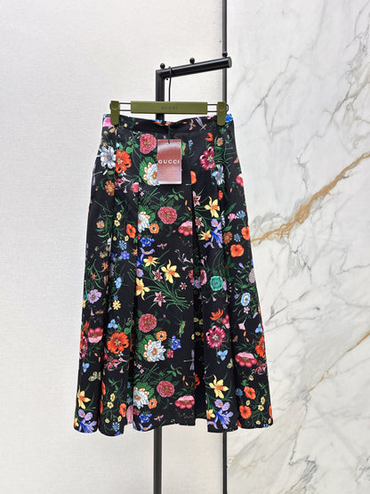 Floral Silk Pleated Skirt