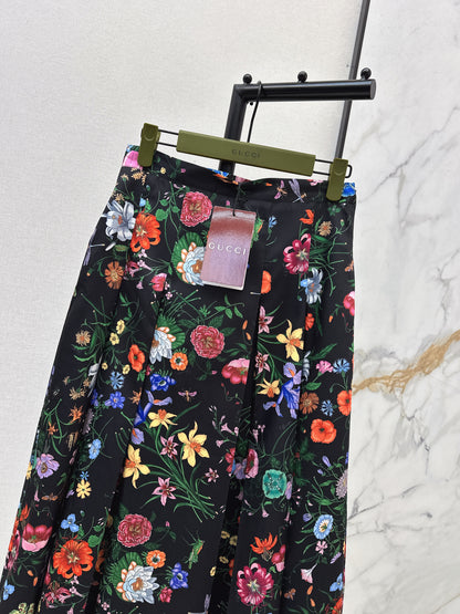 Floral Silk Pleated Skirt