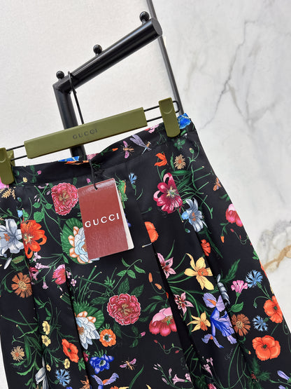 Floral Silk Pleated Skirt