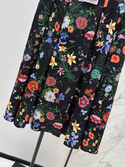 Floral Silk Pleated Skirt