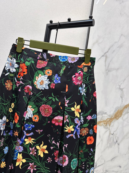Floral Silk Pleated Skirt