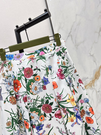 Floral Silk Pleated Skirt