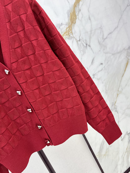 Metal-buttoned wool knit cardigan