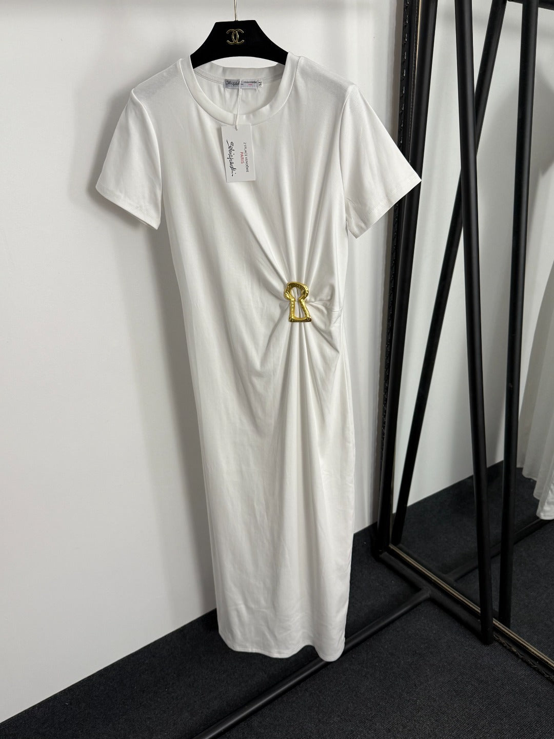 Pleated Waist-cinching Short-Sleeve Dress
