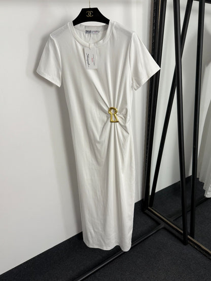 Pleated Waist-cinching Short-Sleeve Dress