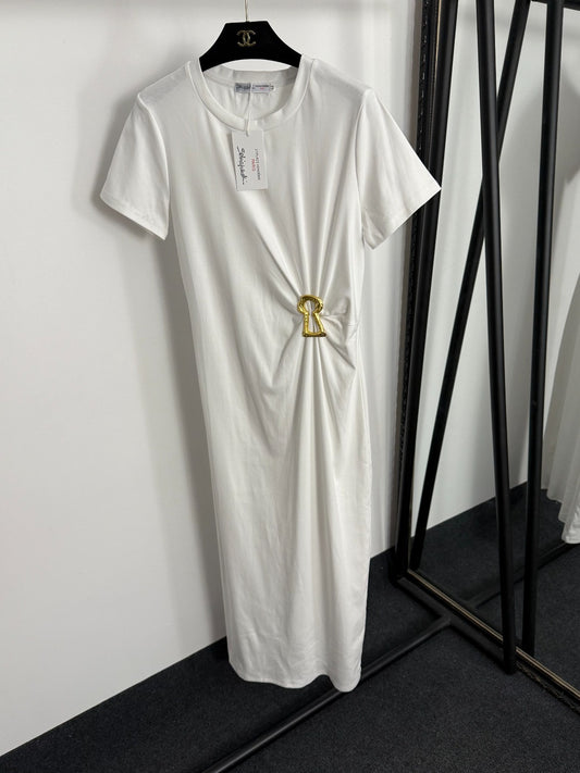 Pleated Waist-cinching Short-Sleeve Dress