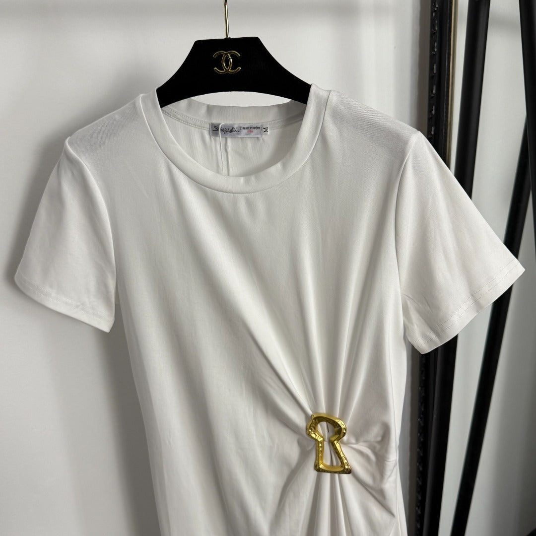 Pleated Waist-cinching Short-Sleeve Dress