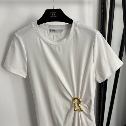 Pleated Waist-cinching Short-Sleeve Dress