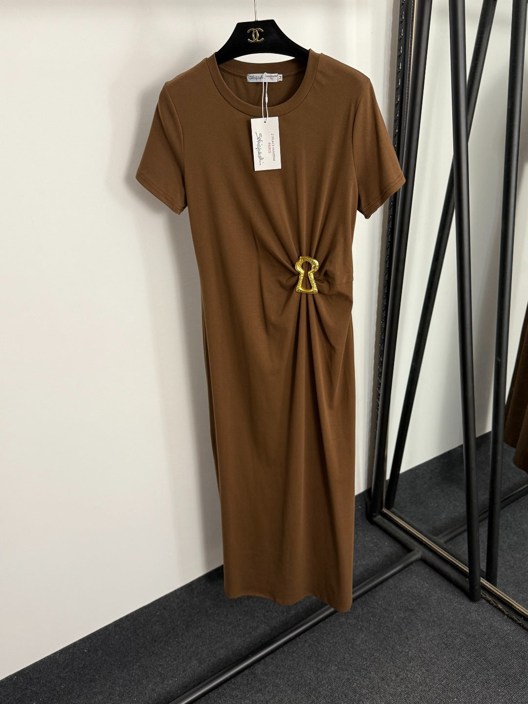 Pleated Waist-cinching Short-Sleeve Dress