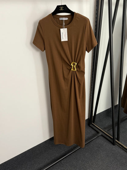 Pleated Waist-cinching Short-Sleeve Dress