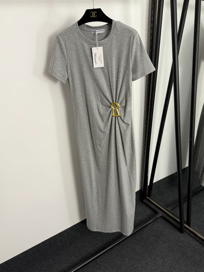 Pleated Waist-cinching Short-Sleeve Dress