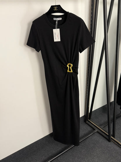 Pleated Waist-cinching Short-Sleeve Dress