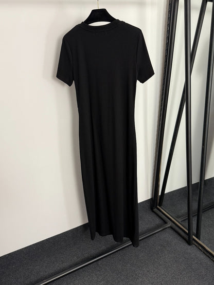 Pleated Waist-cinching Short-Sleeve Dress