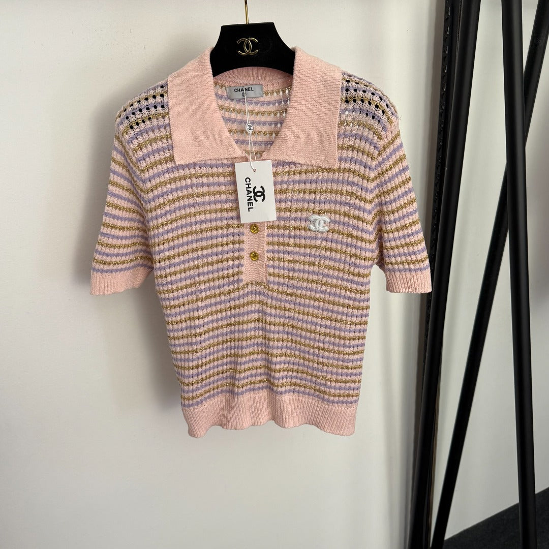 Striped Polo Neck Cutout T-Shirt