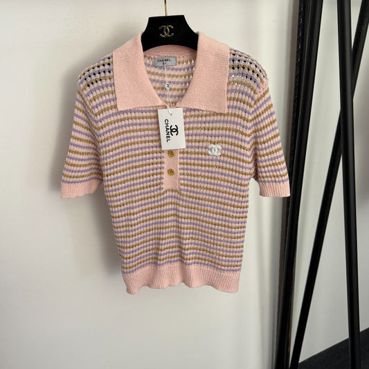 Striped Polo Neck Cutout T-Shirt