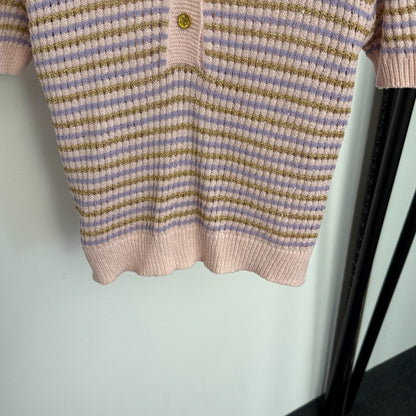 Striped Polo Neck Cutout T-Shirt