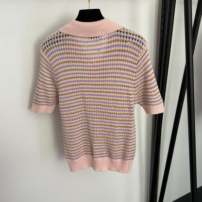 Striped Polo Neck Cutout T-Shirt