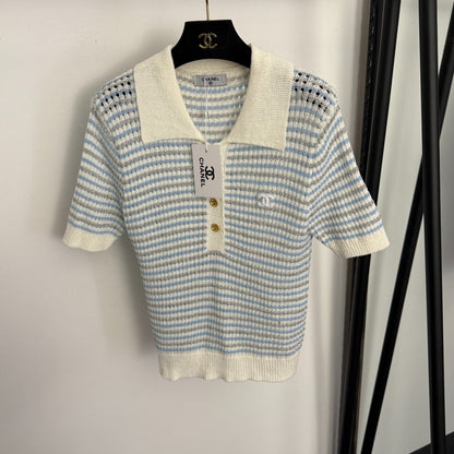 Striped Polo Neck Cutout T-Shirt