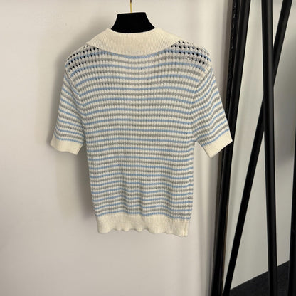 Striped Polo Neck Cutout T-Shirt