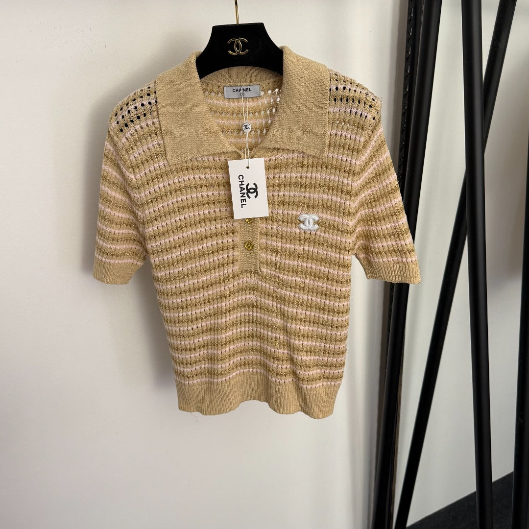 Striped Polo Neck Cutout T-Shirt