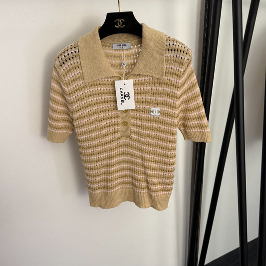 Striped Polo Neck Cutout T-Shirt