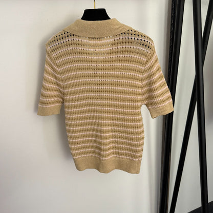Striped Polo Neck Cutout T-Shirt