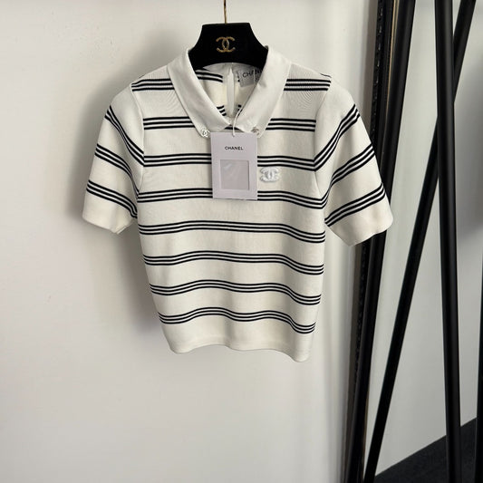 Striped collared short-sleeved top