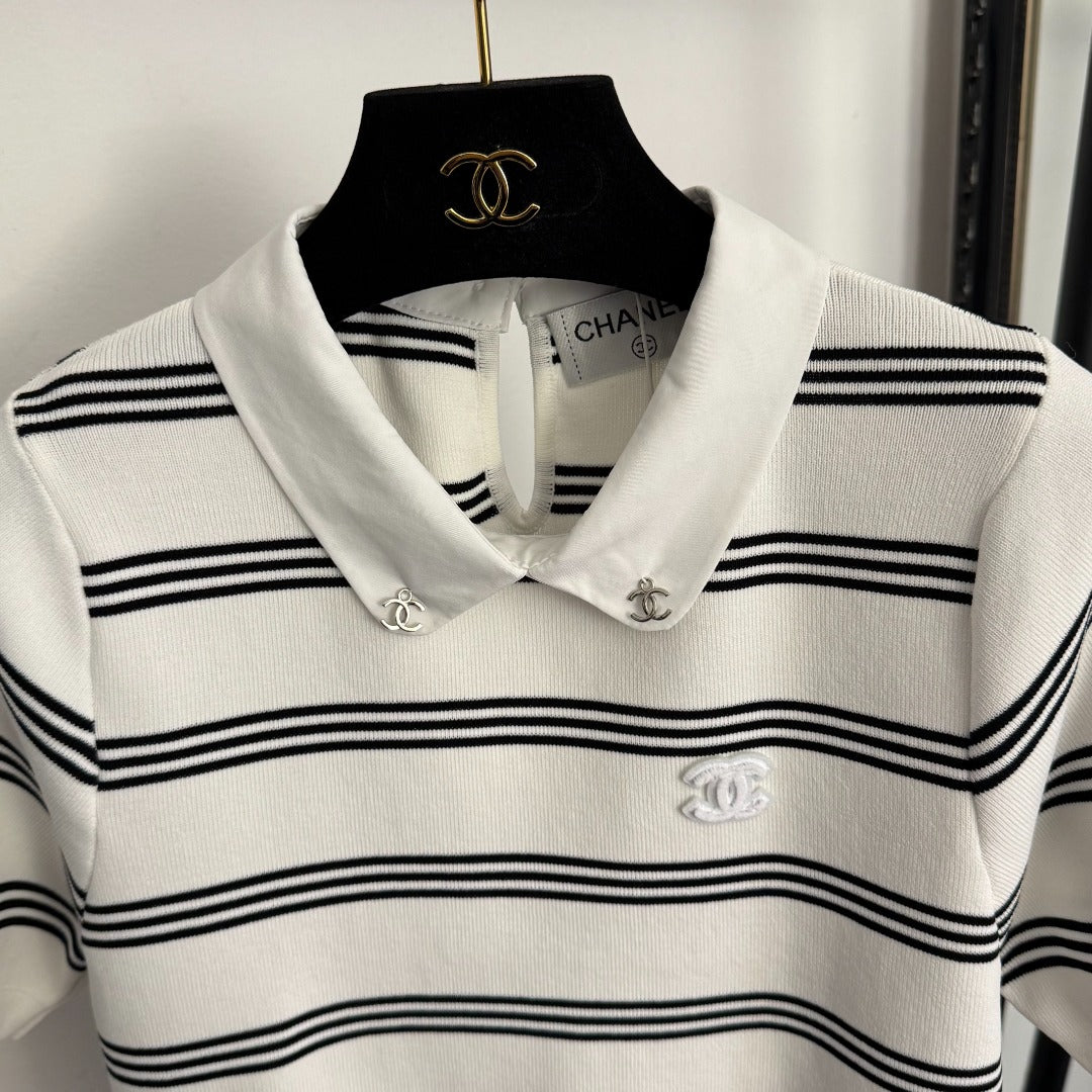 Striped collared short-sleeved top