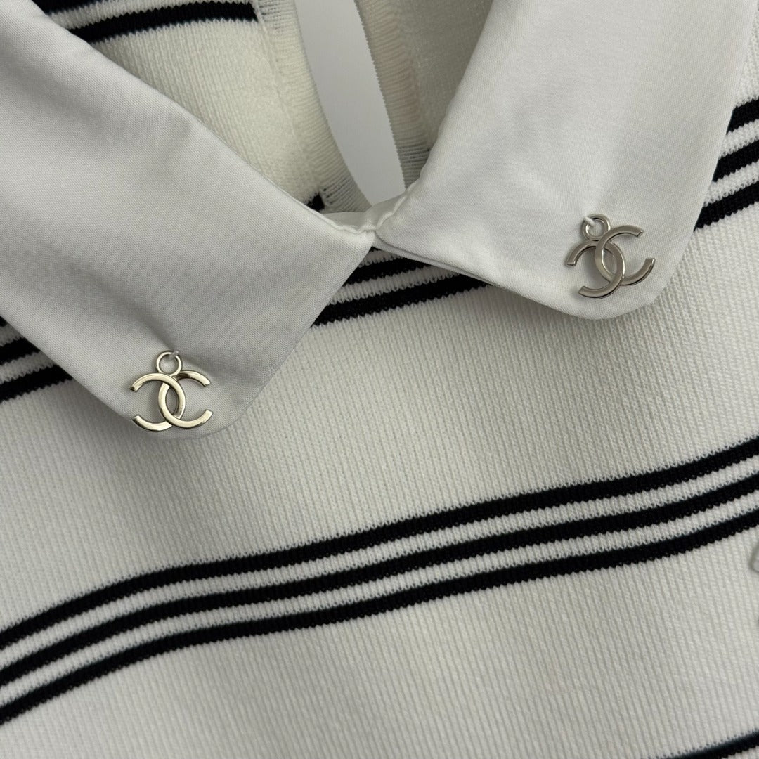 Striped collared short-sleeved top