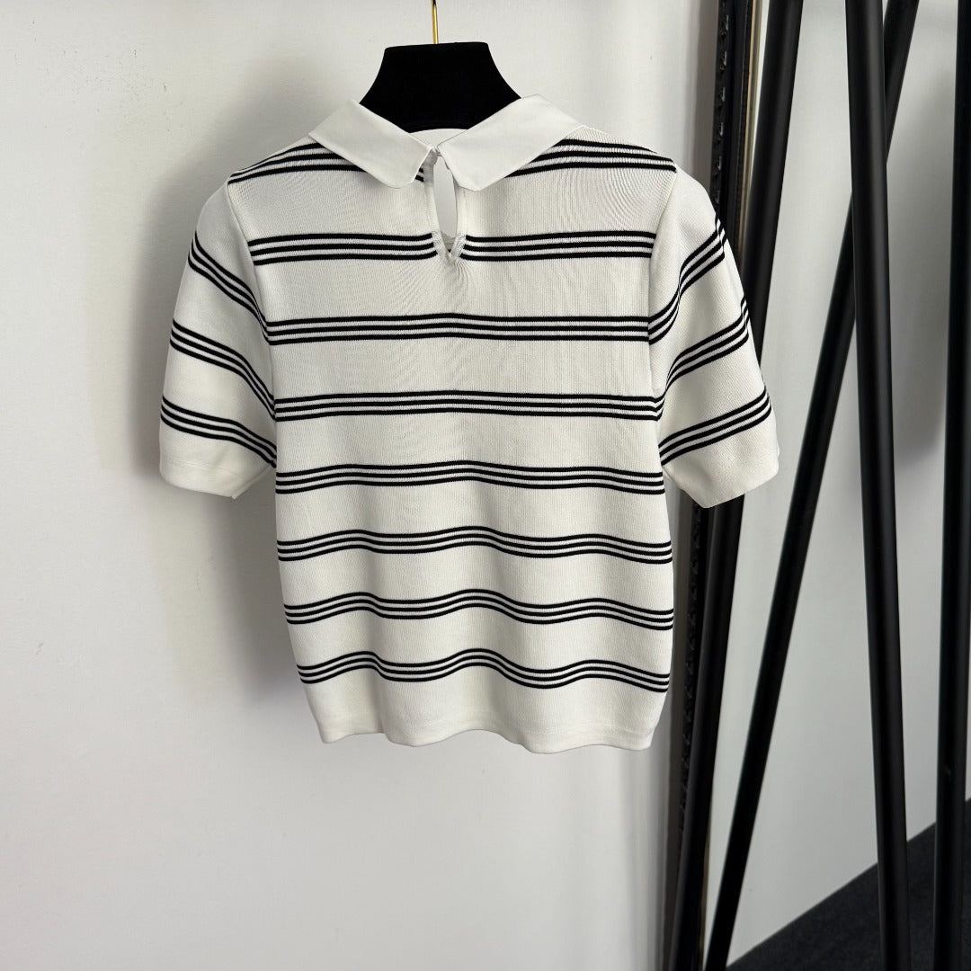 Striped collared short-sleeved top
