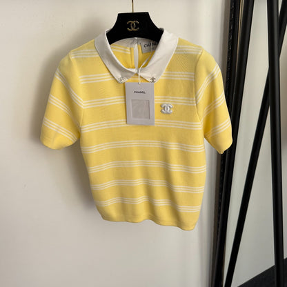 Striped collared short-sleeved top