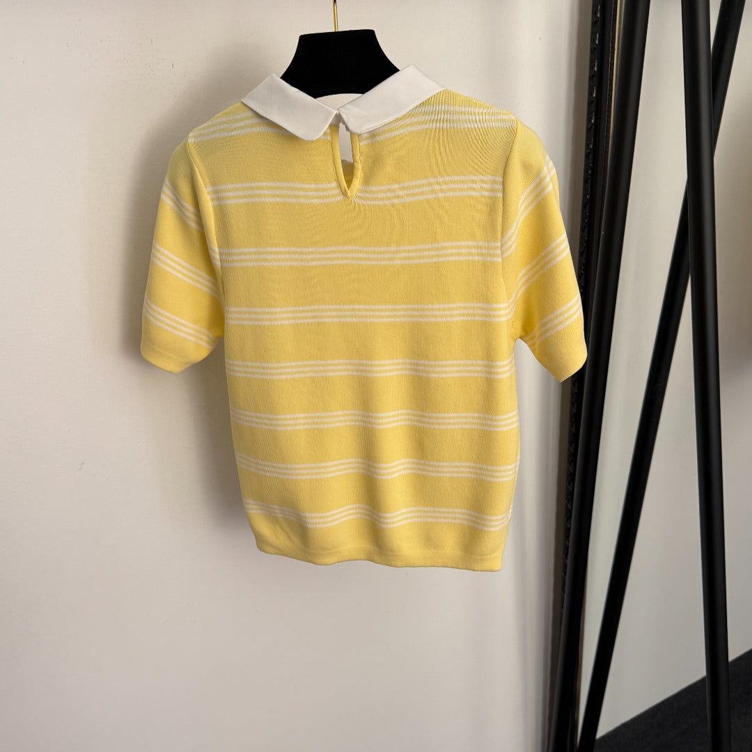 Striped collared short-sleeved top