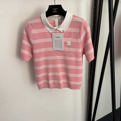 Striped collared short-sleeved top
