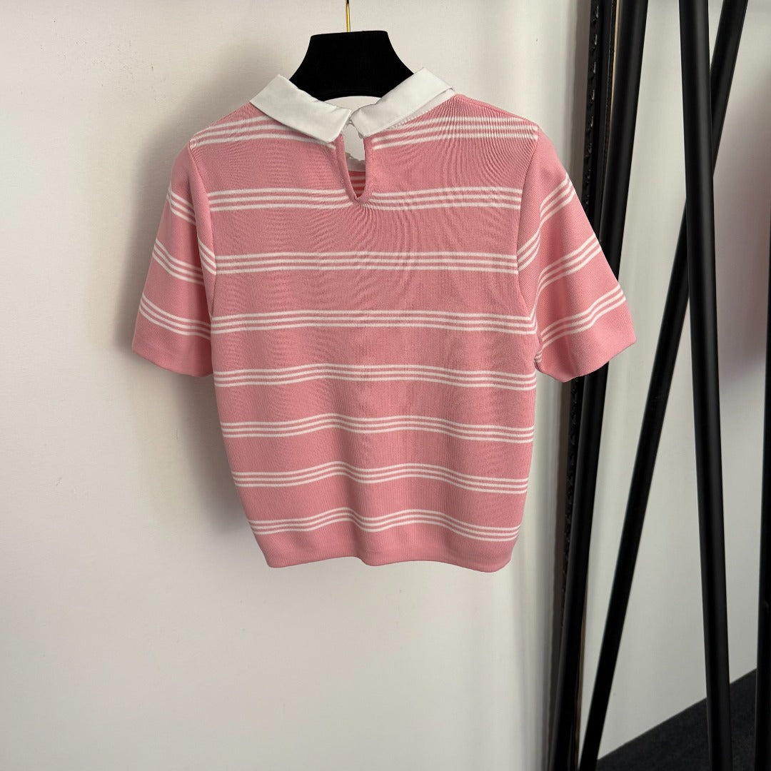 Striped collared short-sleeved top