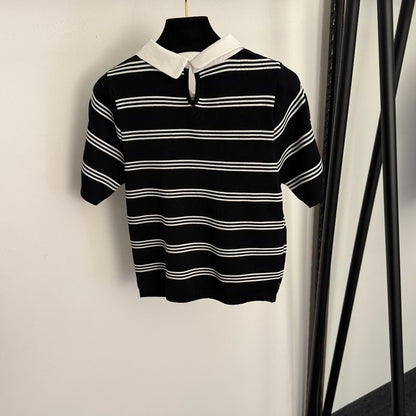 Striped collared short-sleeved top