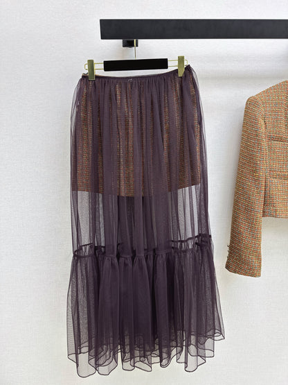 Two-piece set: woven midi skirt + mesh maxi skirt