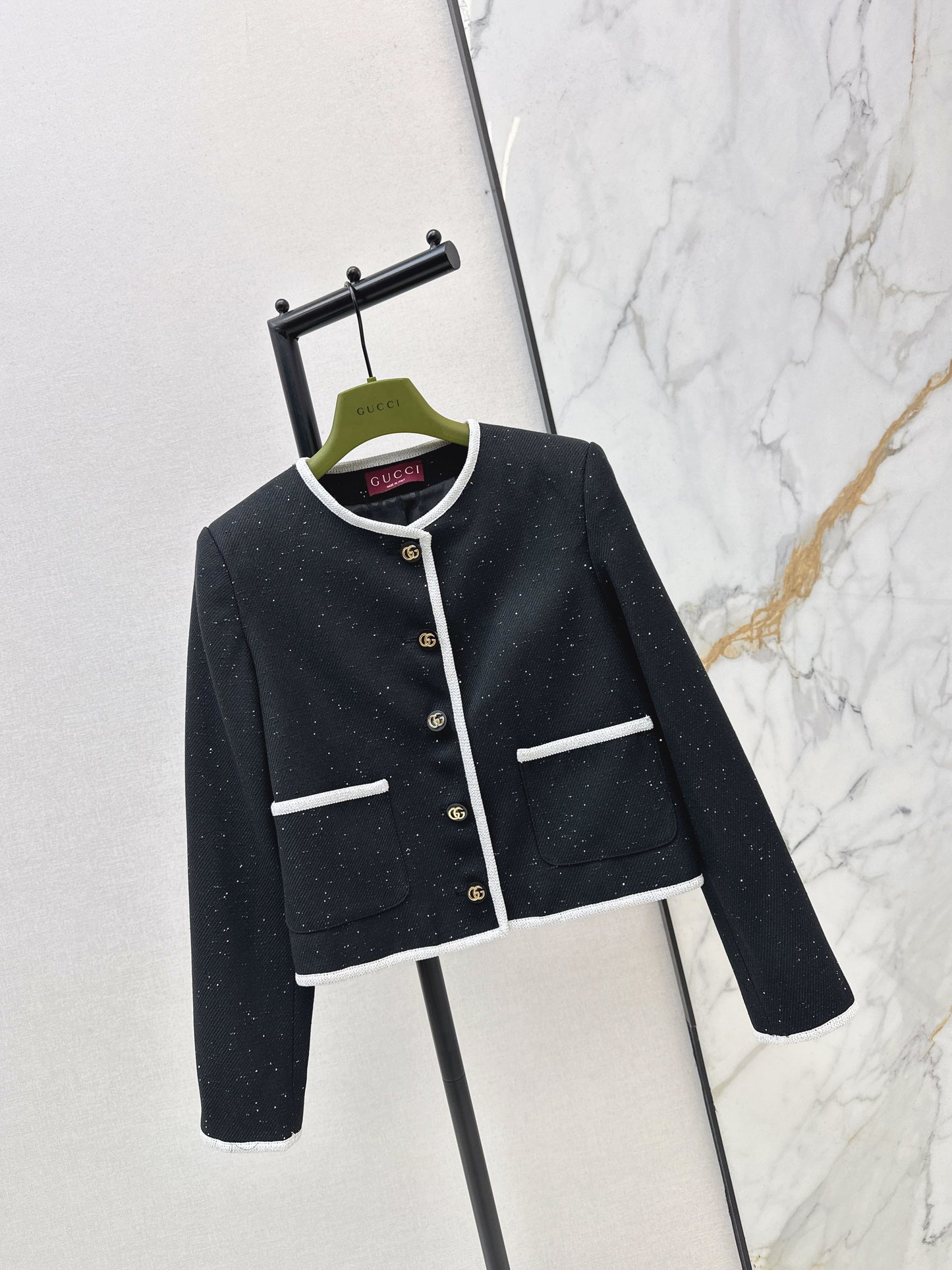 Color-blocked tweed coat