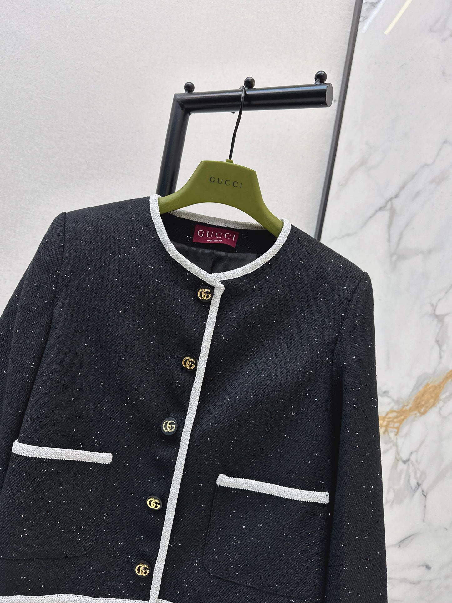 Color-blocked tweed coat