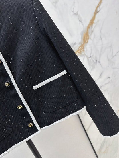 Color-blocked tweed coat