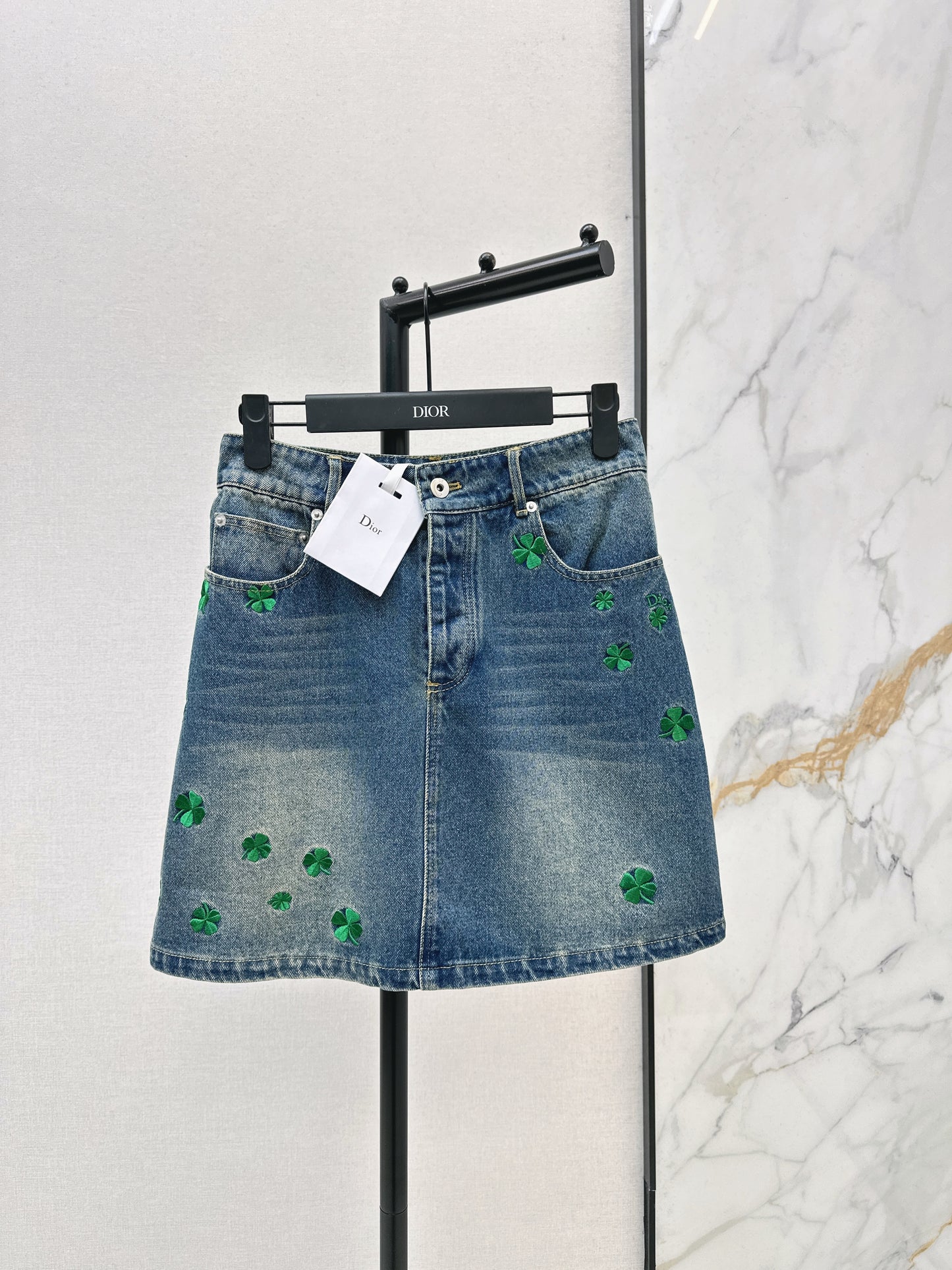 Four-leaf clover denim midi skirt