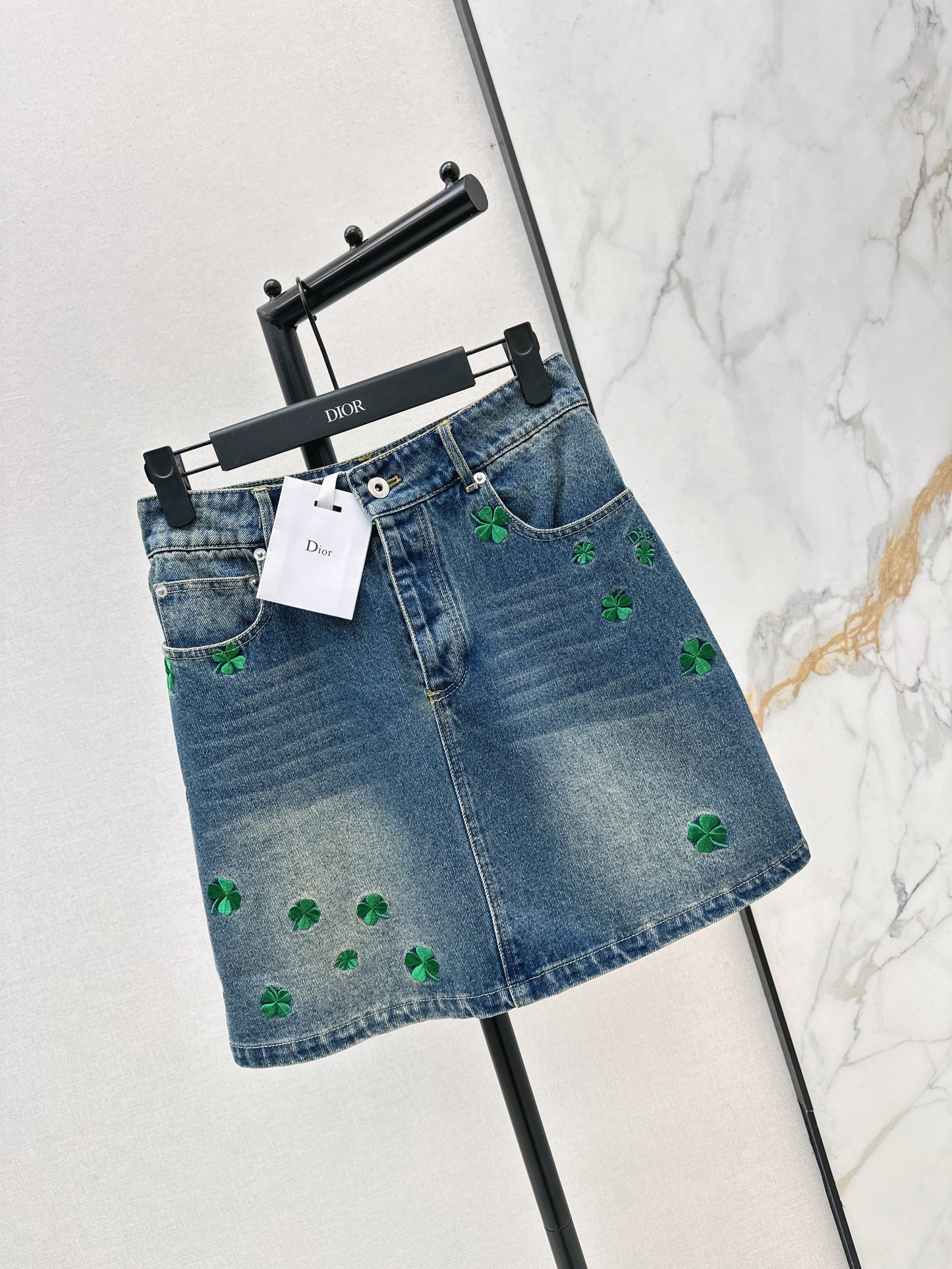 Four-leaf clover denim midi skirt