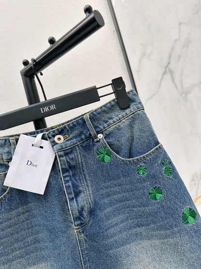 Four-leaf clover denim midi skirt