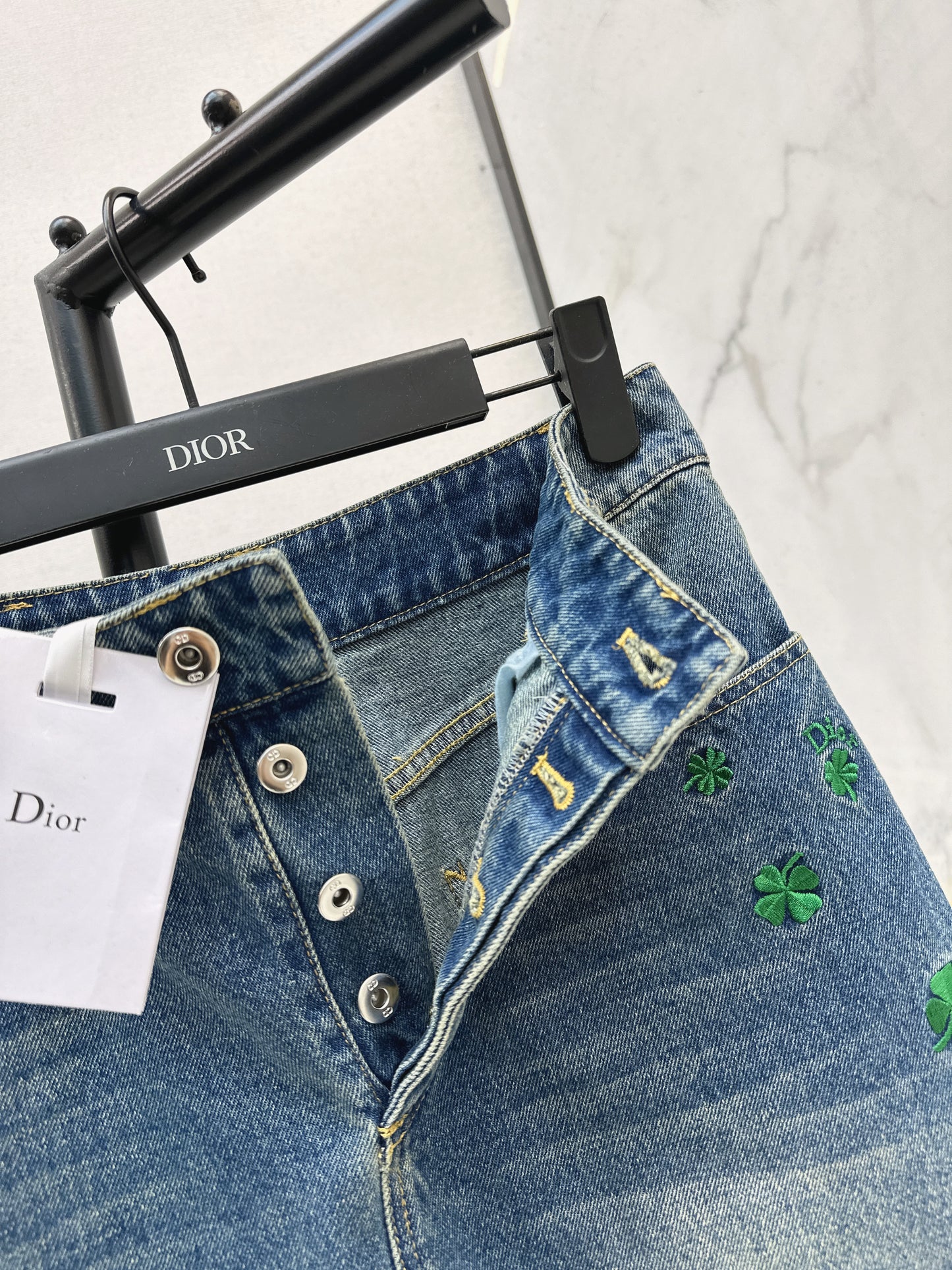 Four-leaf clover denim midi skirt