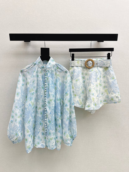 Printed Shirt/Belted Shorts