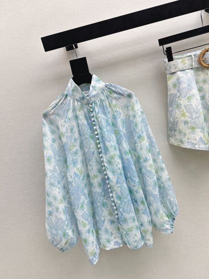 Printed Shirt/Belted Shorts
