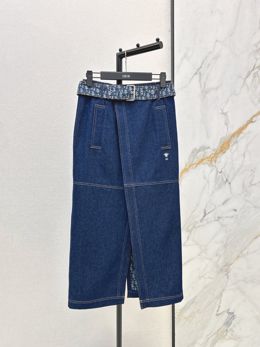 Monogram Canvas Belt Denim Midi Skirt
