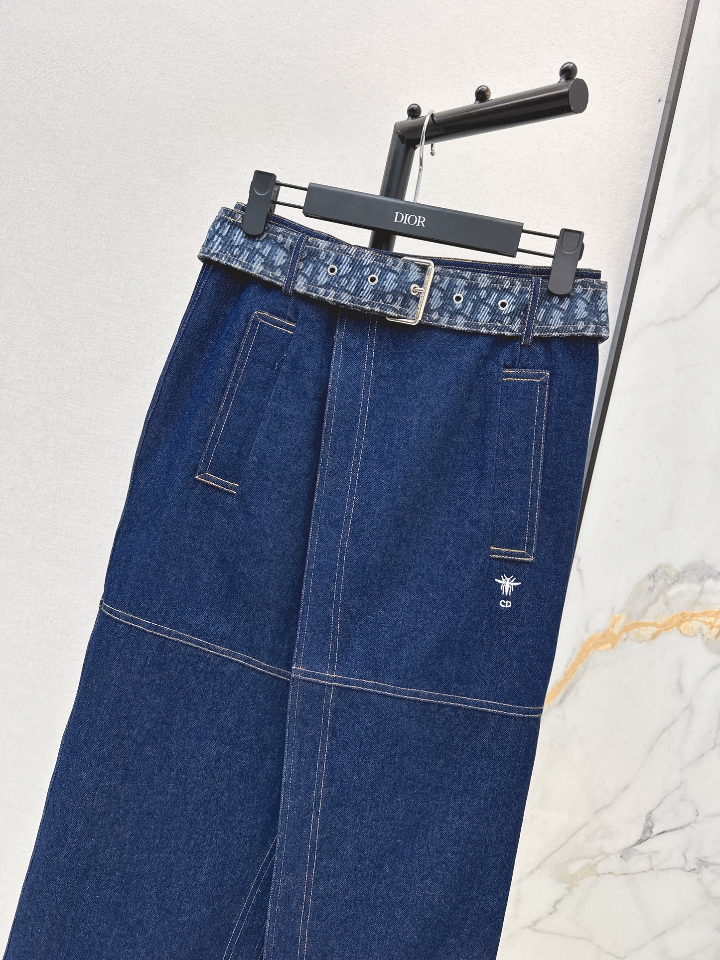 Monogram Canvas Belt Denim Midi Skirt