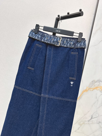 Monogram Canvas Belt Denim Midi Skirt